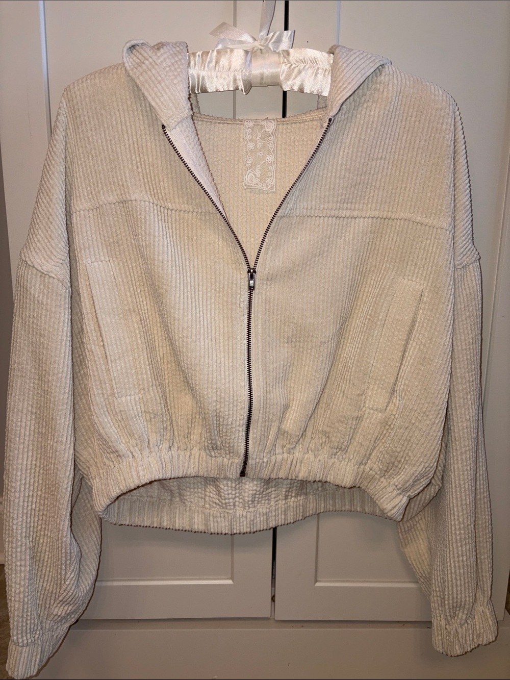 Cream Ribbed Zip-Up Hoodie Bomber Jacket